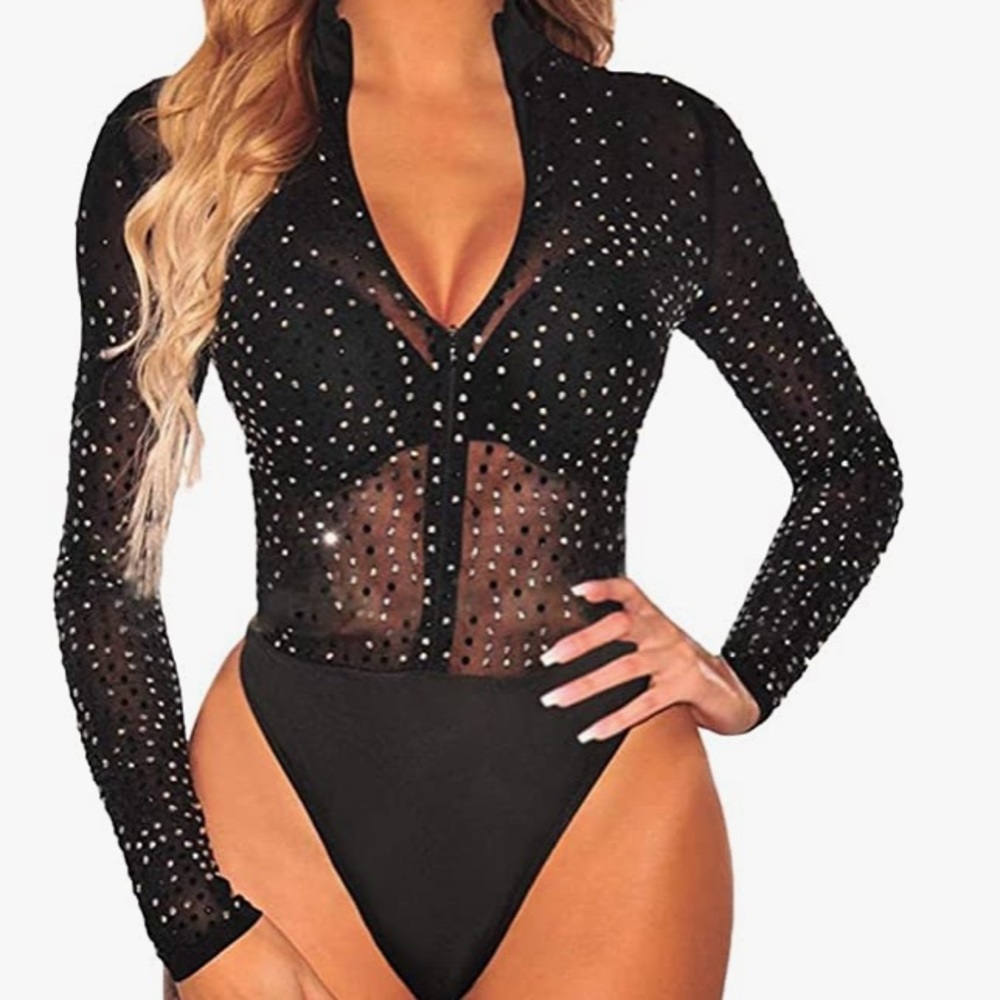Lrady Sheer Mesh Turtleneck Rhinestone Bodysuit XXL